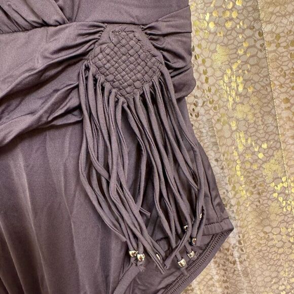 Badgley Mischka Dark Brown Beaded Tassel Surplice One Piece Swimsuit 8 - Picture 3 of 7